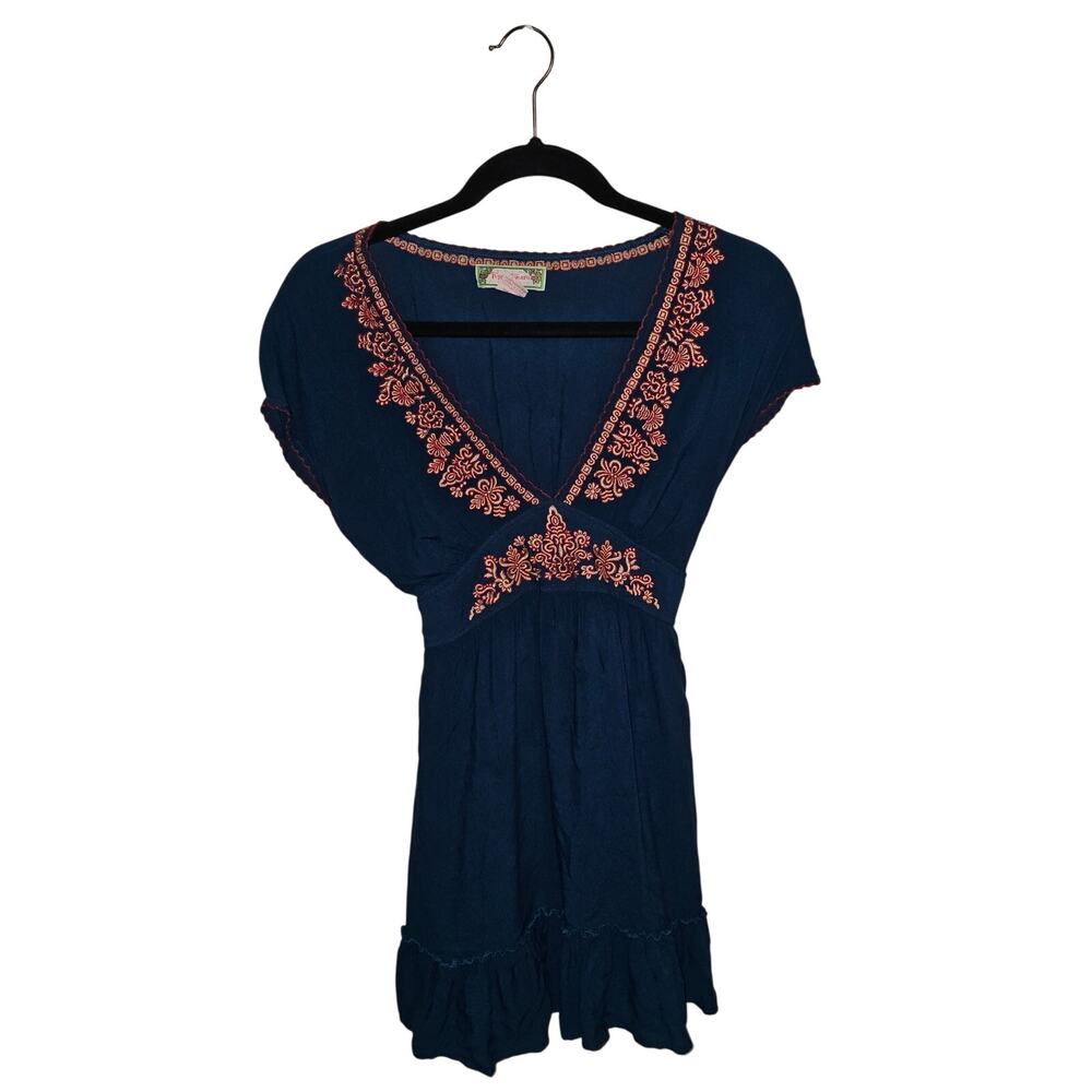 Flying Tomato Blouse – Size Small – Dark Teal with Tomato Red & Beige Embroidery